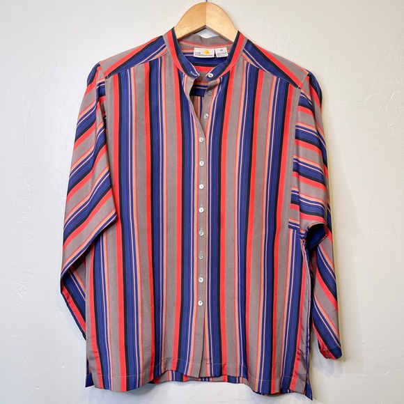 LC | VTG Retro Disco Dolaman Long Sleeve Allover Stripe Button Front Blouse - Picture 4 of 17